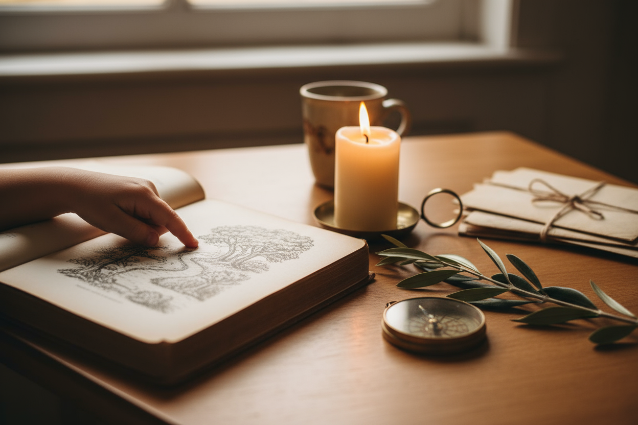 A warm, softly lit workspace: a book open beside a candle, a sprig of olive leaves, and a child’s hand tracing an illustration — a space that feels like remembrance turned tangible.